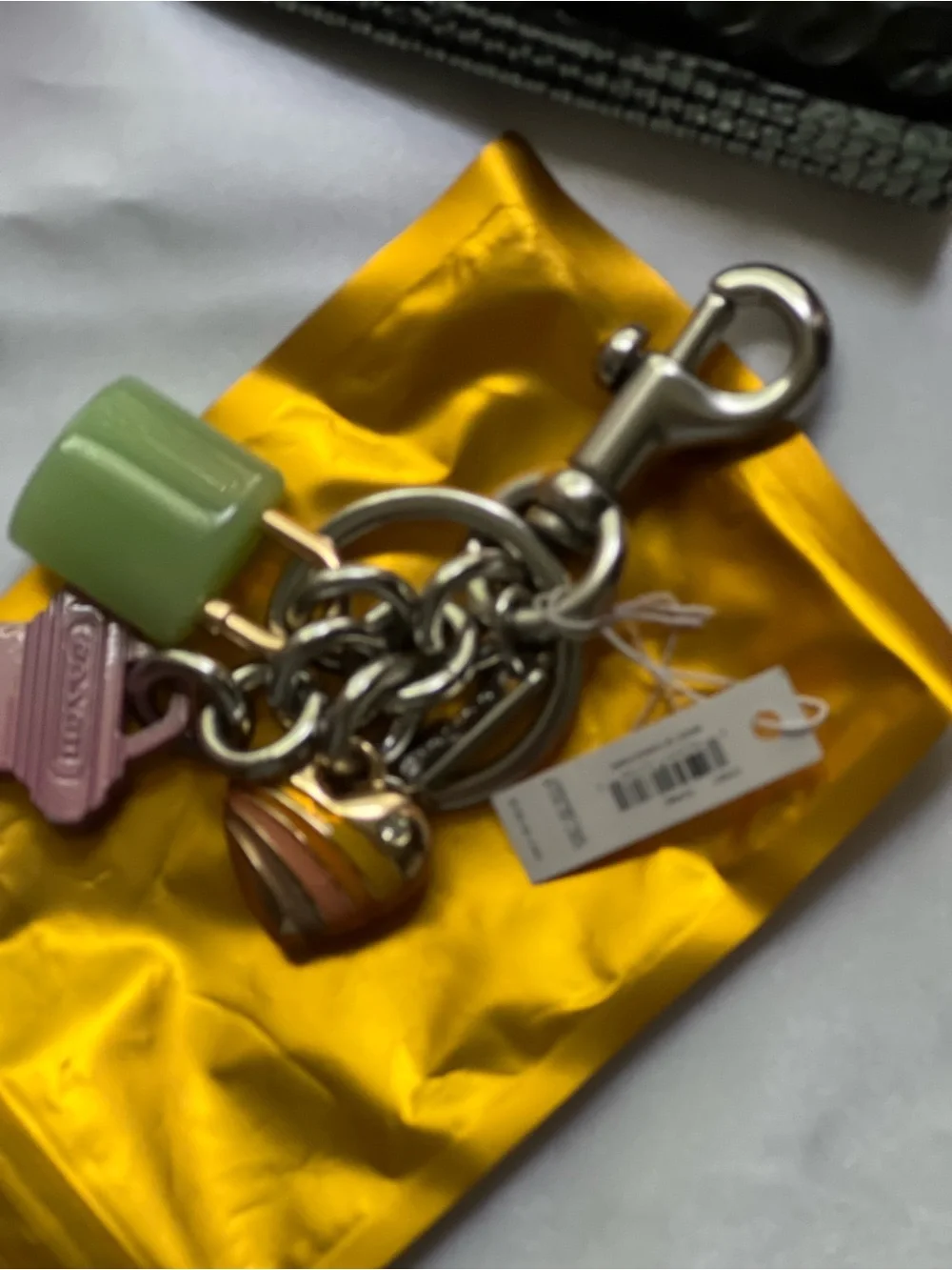 Coach Silver Keychain with Pastel Green Cube and Pink Tag Charms